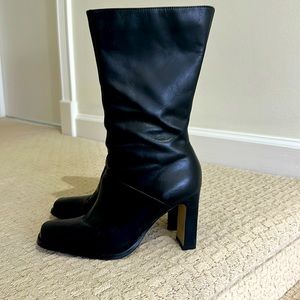Black mid shin zip up boots with side zipper 3 inch heel
